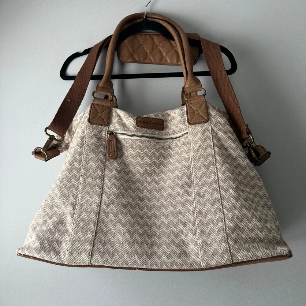 Tommy Bahama Tote Bag Womens Large Tan Chevron Woven Good Crossbody Travel